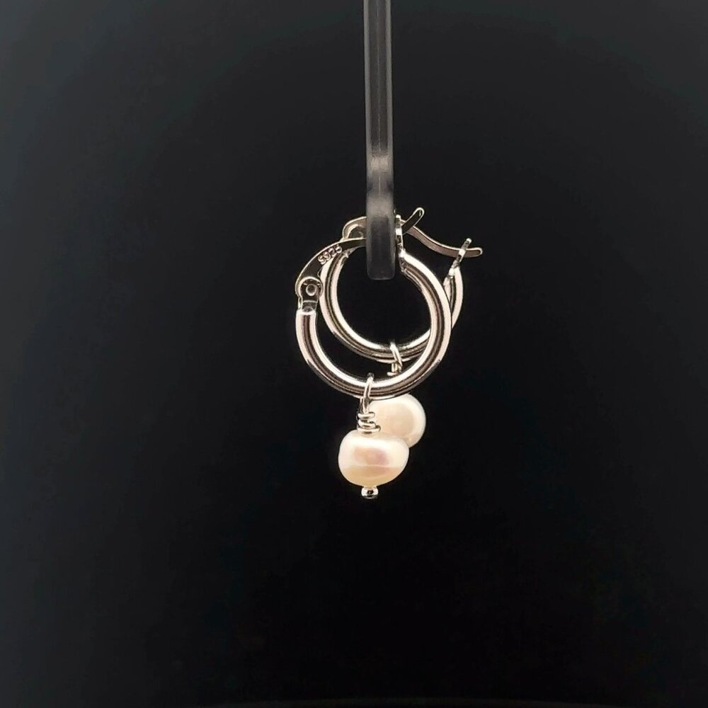925 Sterling Silver Hoop Earrings Freshwater Pearl - Picture 2 of 4